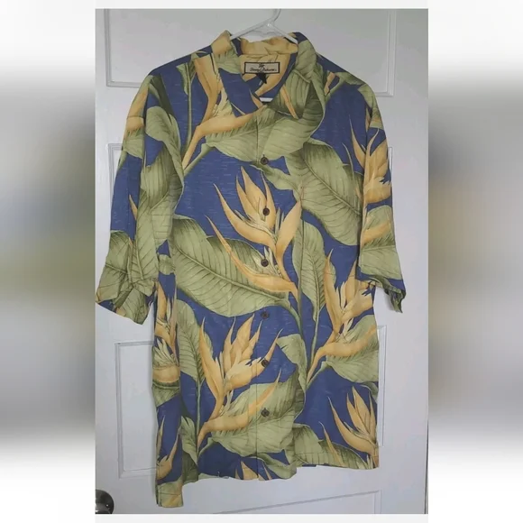 Tommy Bahama 100% Silk Shirt Hawaiian Mens Large L Floral Green Blue Leaf Beach - Picture 2 of 6